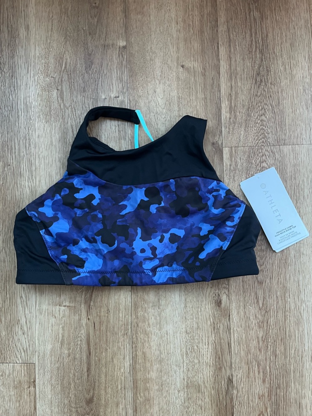 Athleta Black and Blue Camo High-Neck Sports Bra